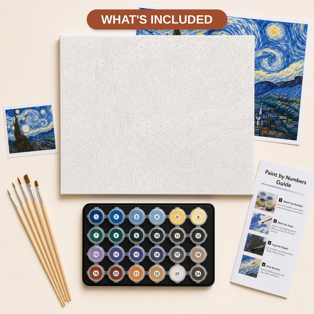 Starry Night Paint by Numbers Kit - what's included in the kit