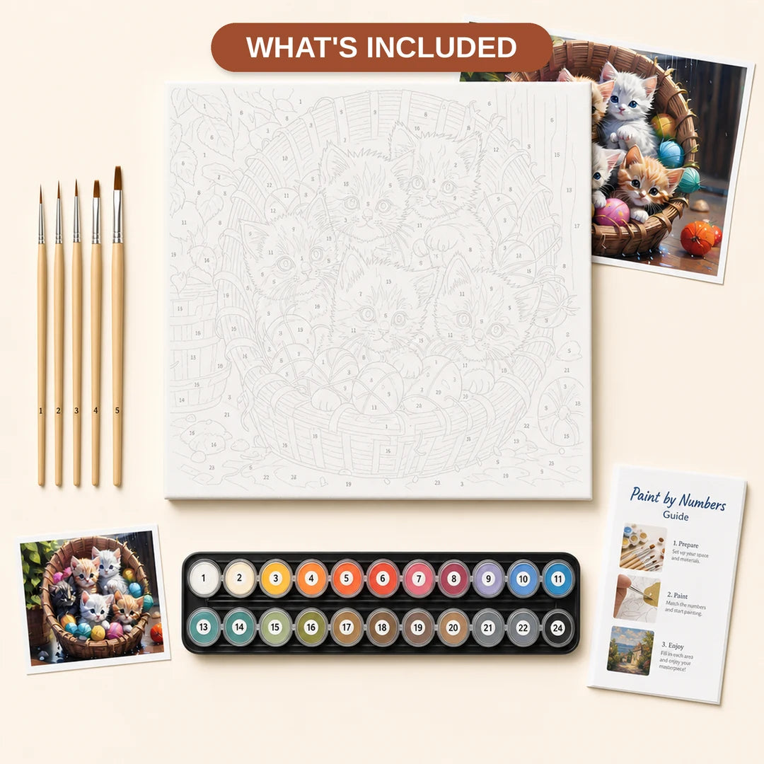 Basket of Kittens Paint by Numbers Kit - what's included in the kit