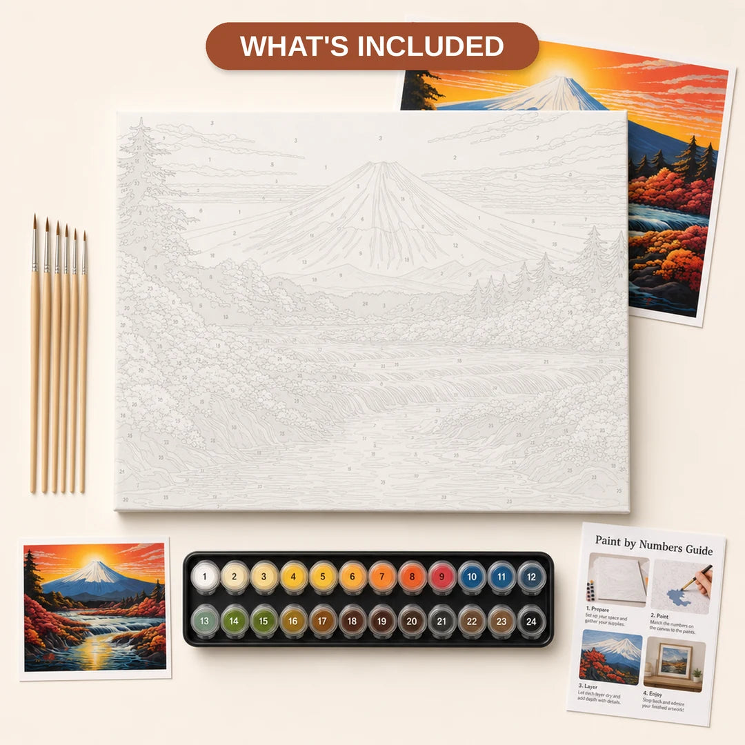 Mount Fuji in Autumn Paint by Numbers Kit - what's included in the kit