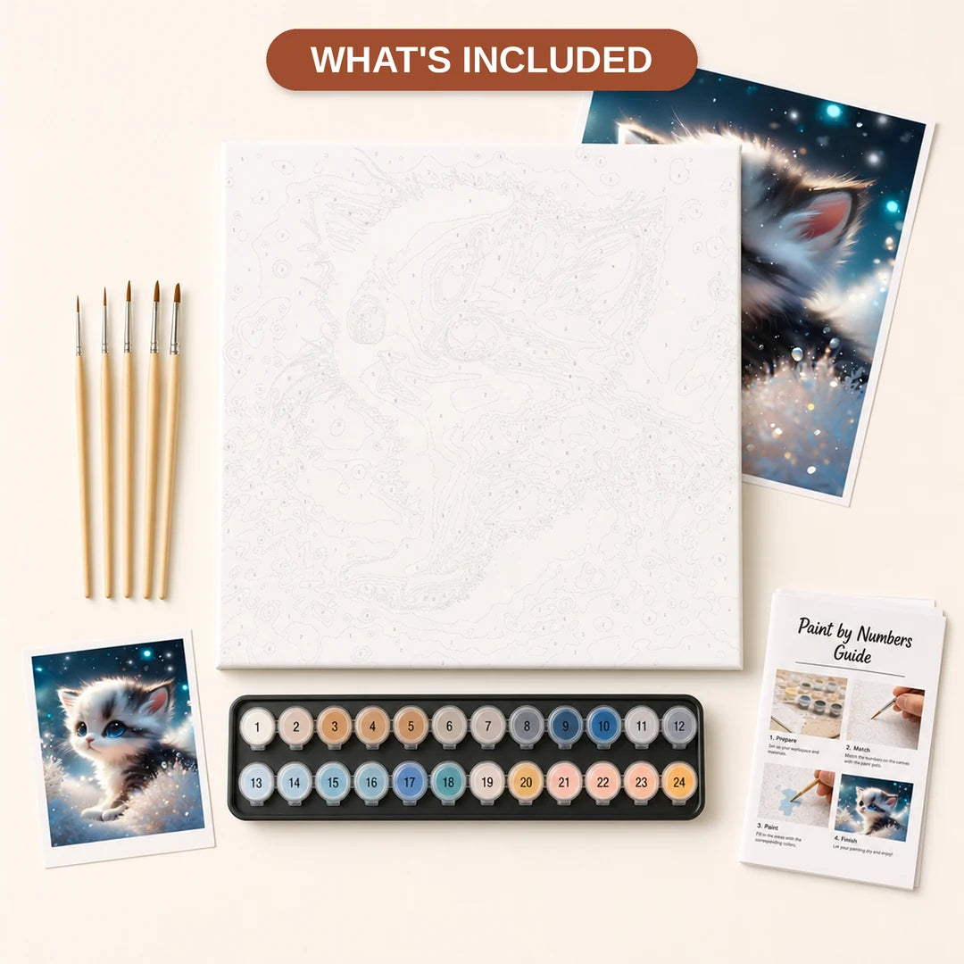 Sparkling Eyes Kitten Paint by Numbers Kit - what's included in the kit