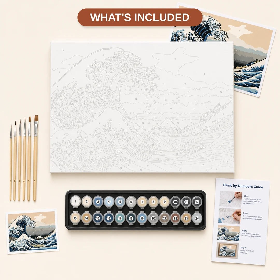 The Great Wave Off Kanagawa Paint by Numbers Kit - what's included in the kit