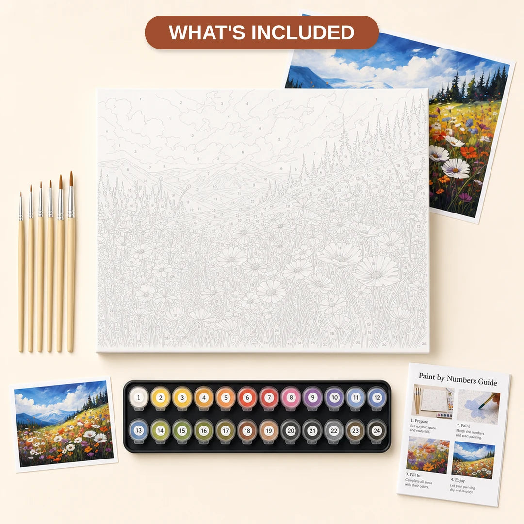 Mountain Wildflower Meadow Paint by Numbers Kit - what's included in the kit