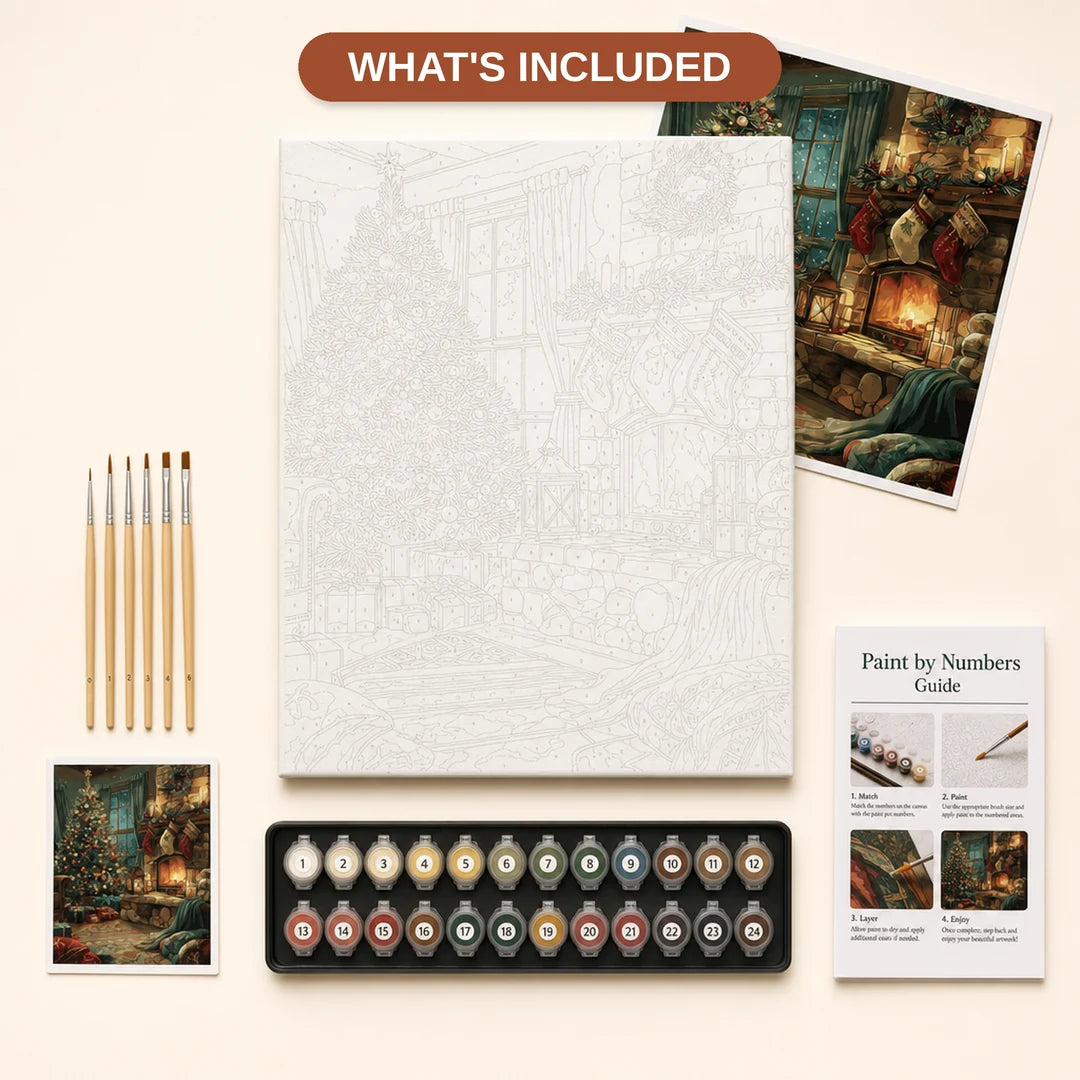 Cozy Christmas Living Room Paint by Numbers Kit - what's included in the kit