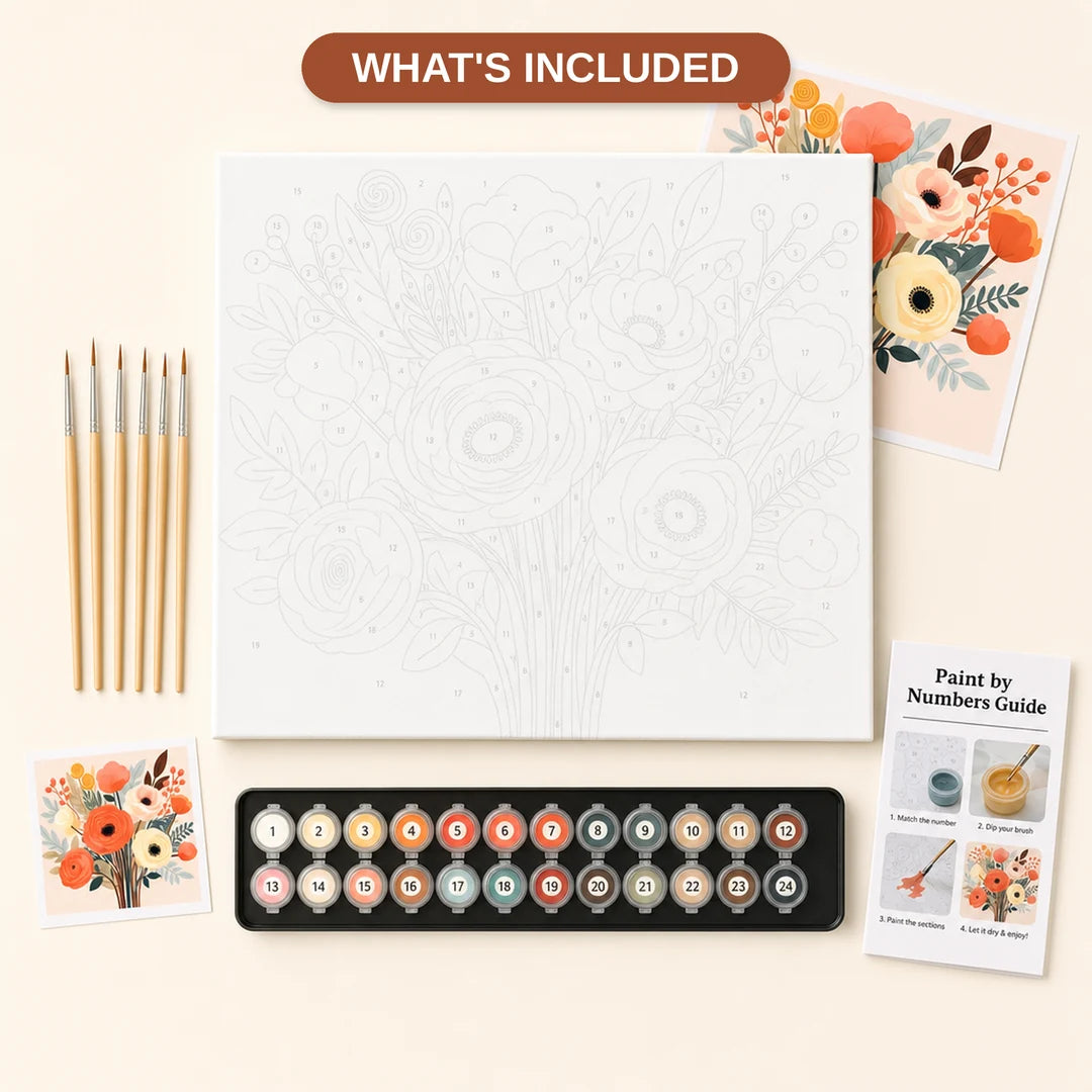 Vibrant Floral Bouquet Paint by Numbers Kit - what's included in the kit
