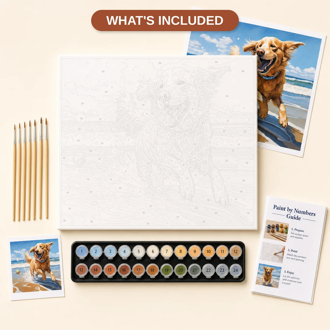 Beach Day Golden Retriever Paint by Numbers Kit - what's included in the kit