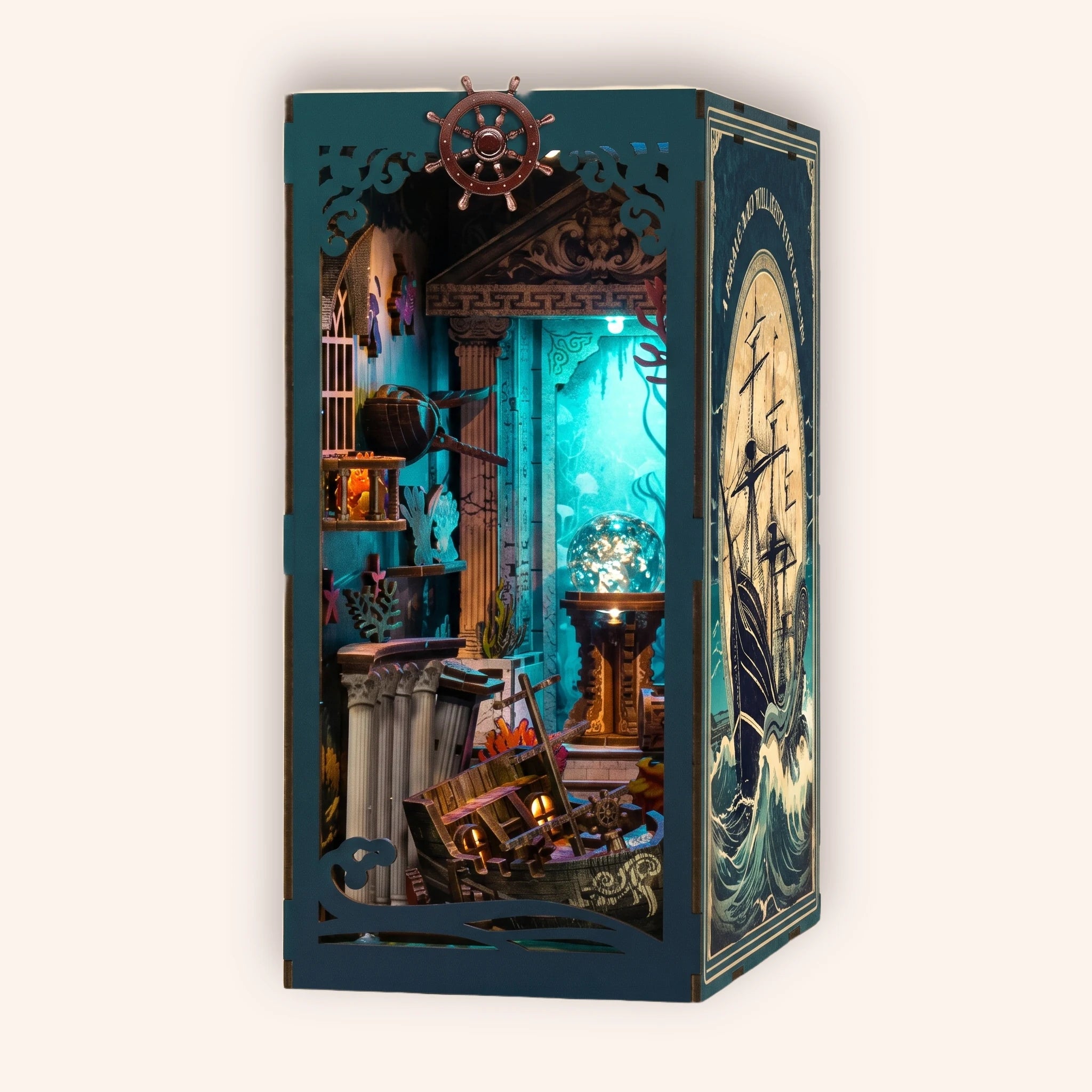 The Sunken World DIY book nook on the TinyCraft cream background, lit deep-sea sunken temple and ghost ship