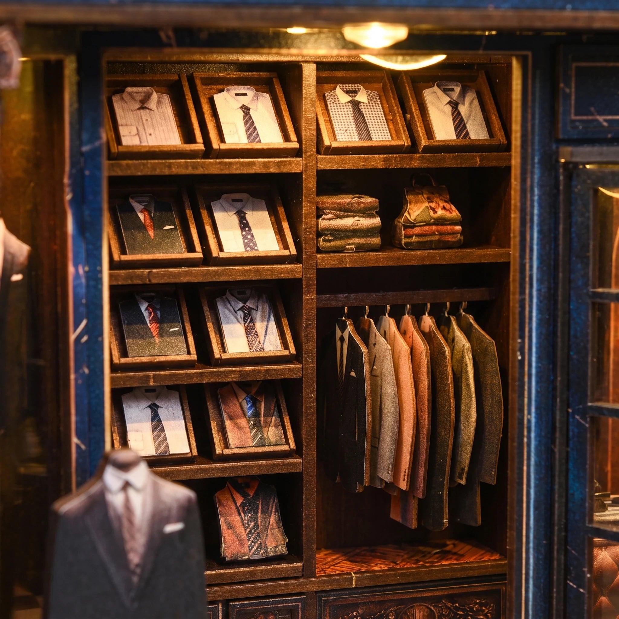 The Tailor's Atelier shelf wall of printed shirt and tie panels under warm light
