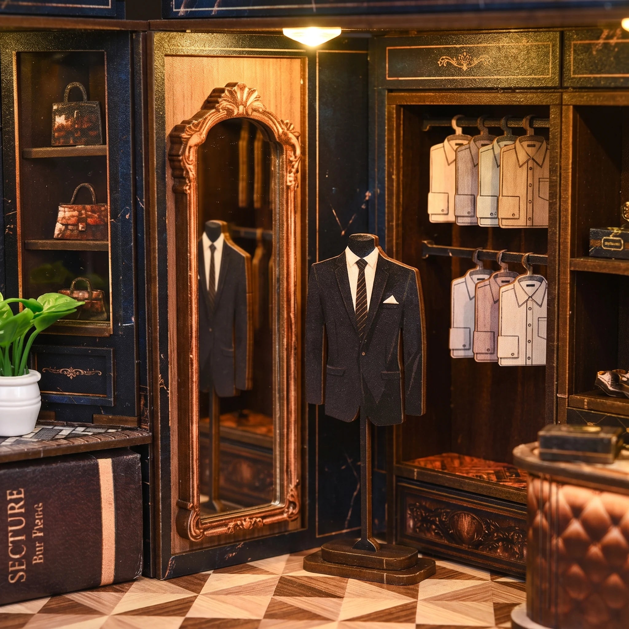 The Tailor's Atelier display area with flat printed suit panels beside the wooden mirror frame