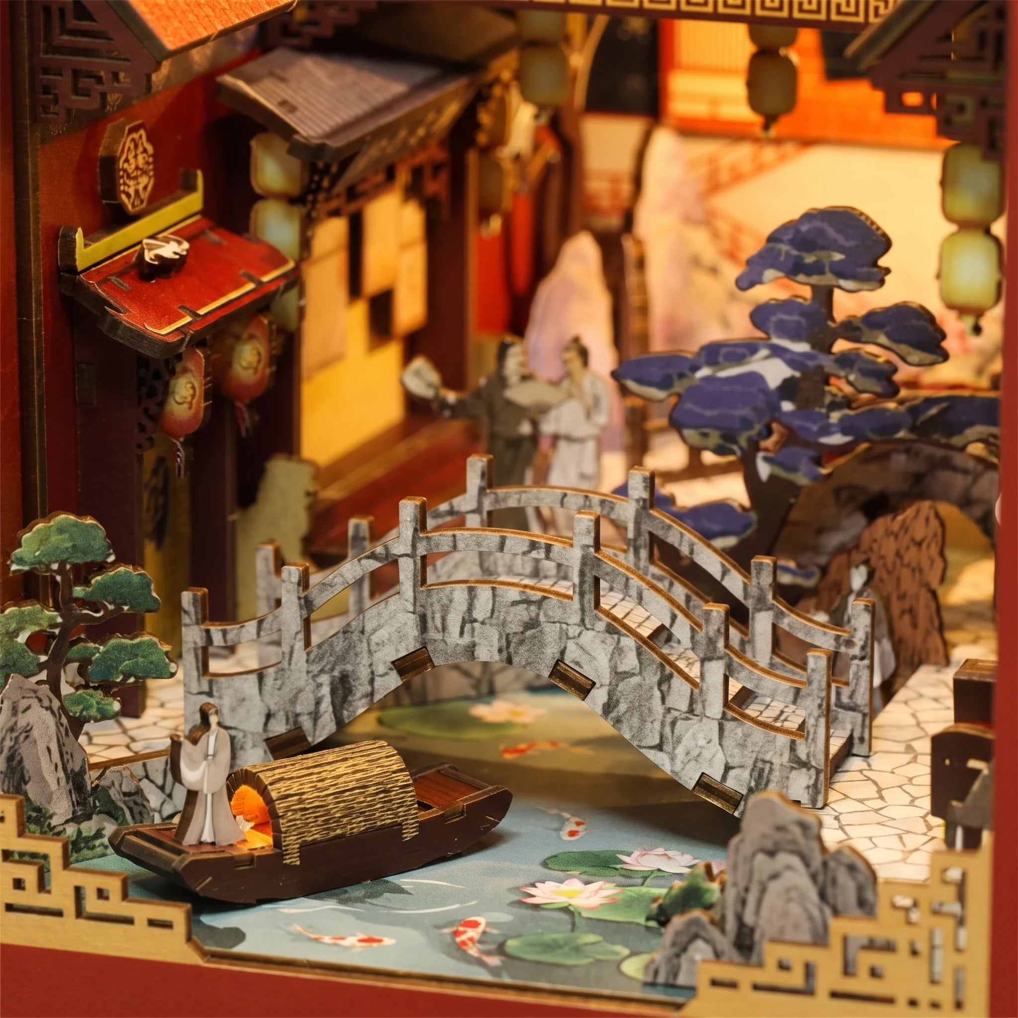 The Tang Palace courtyard with the printed arched bridge over the printed pond panel