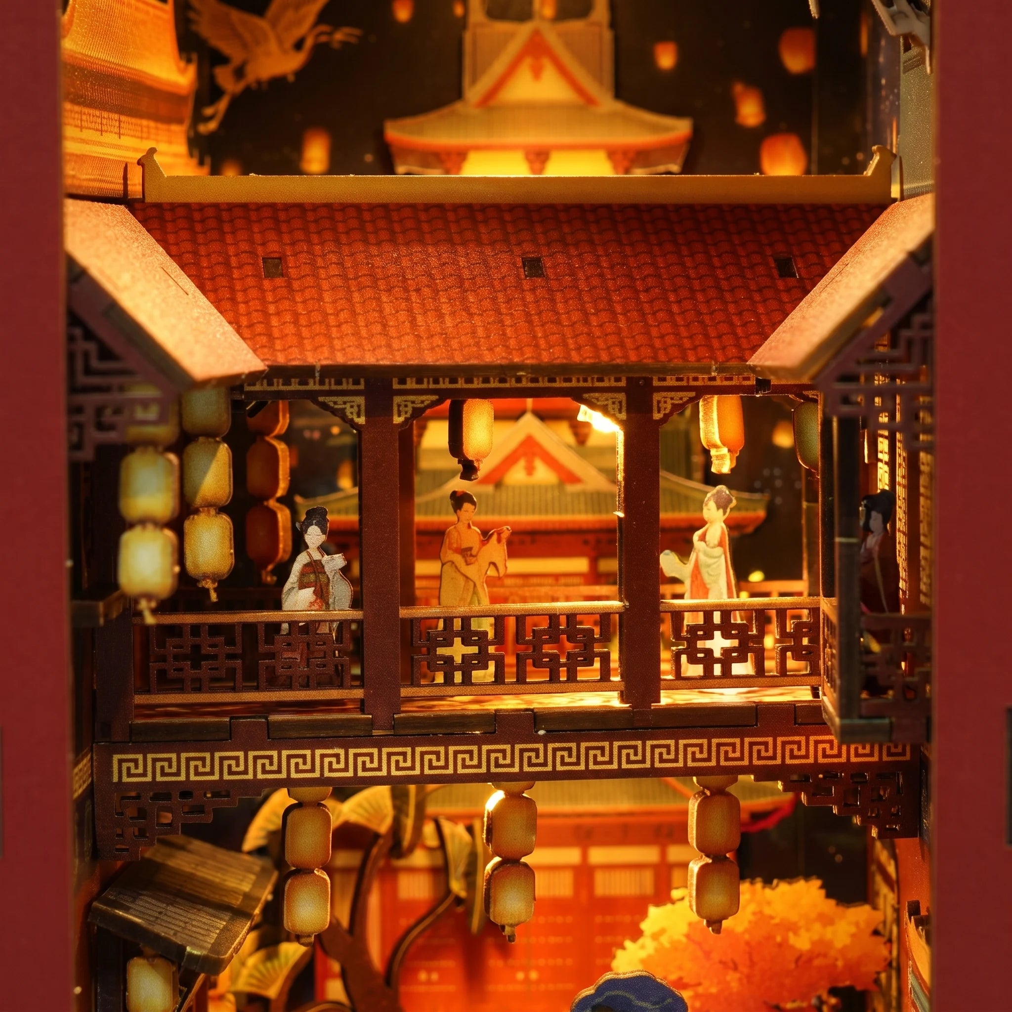 The Tang Palace pavilion with printed roof panels, red lanterns and warm LED glow