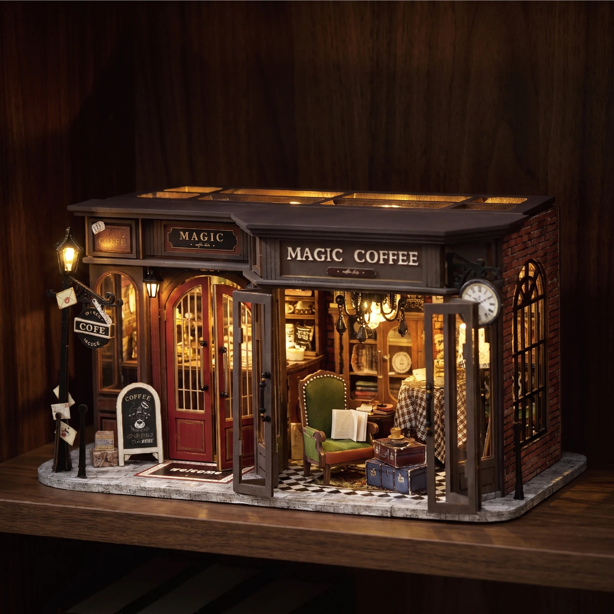The Alchemist's Cafe glowing on a walnut shelf at night