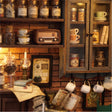 Shelf wall detail: jars, tins, cups and the little radio