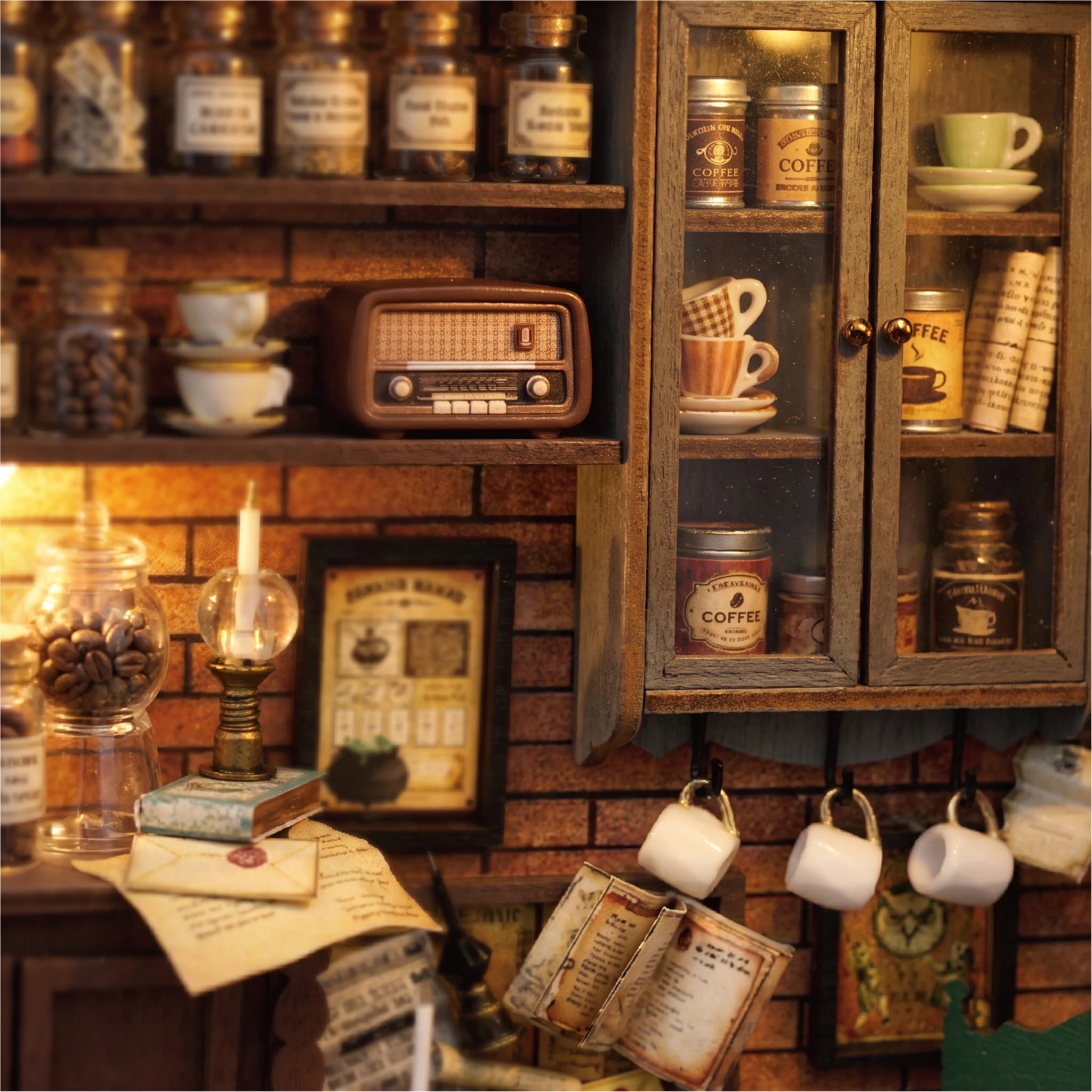 Shelf wall detail: jars, tins, cups and the little radio