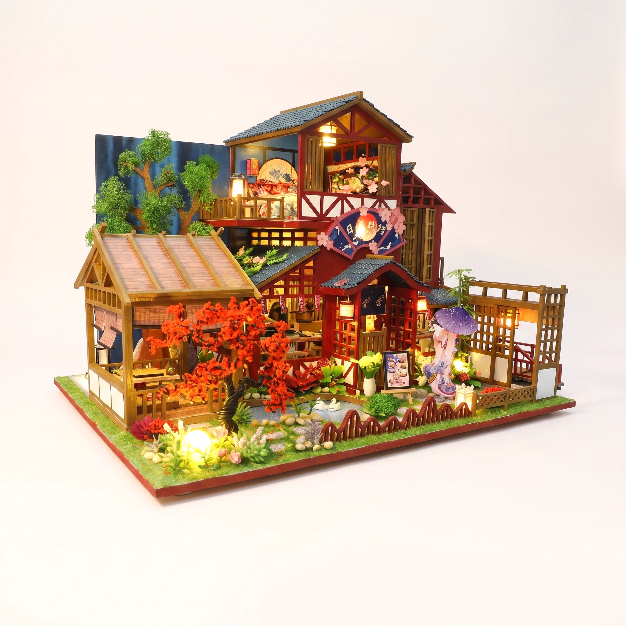 The Autumn Courtyard DIY miniature kit fully built with LED lights on