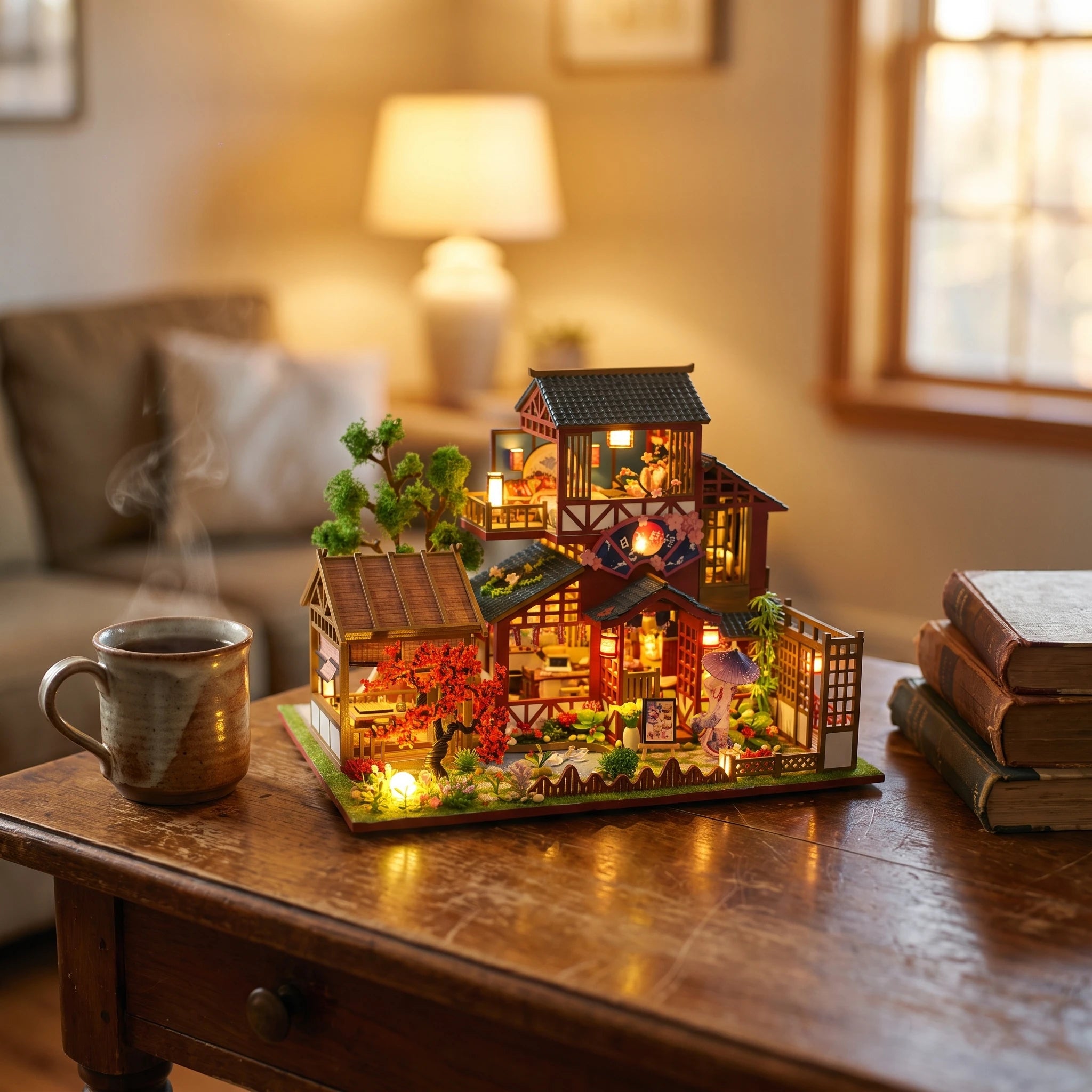 The Autumn Courtyard lit on a desk at dusk beside a mug of tea