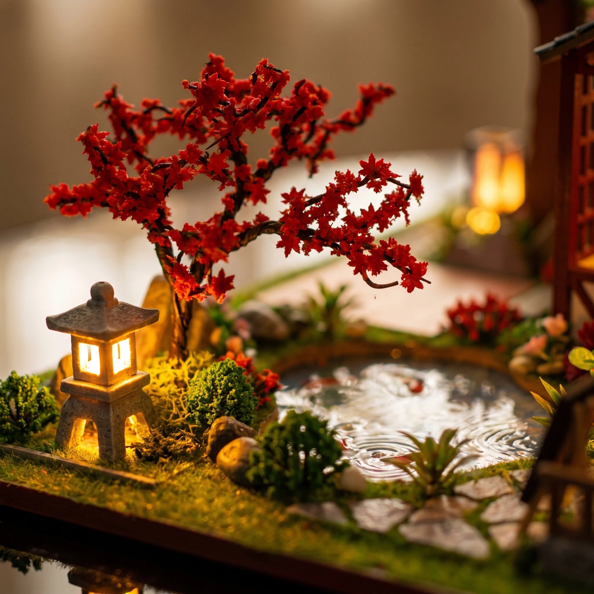 Close-up of the red maple and koi pond garden of The Autumn Courtyard