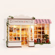 The Berry Bakehouse DIY miniature bakery kit, assembled with LED lights on