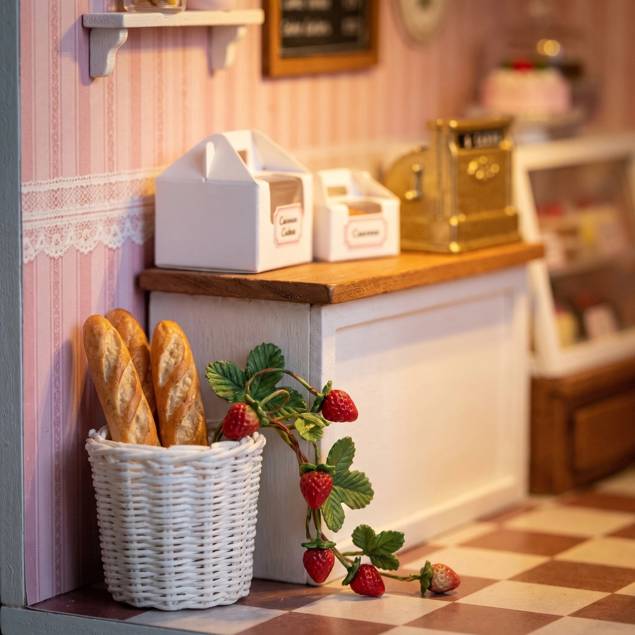 Counter corner detail: baguette basket and strawberry vine