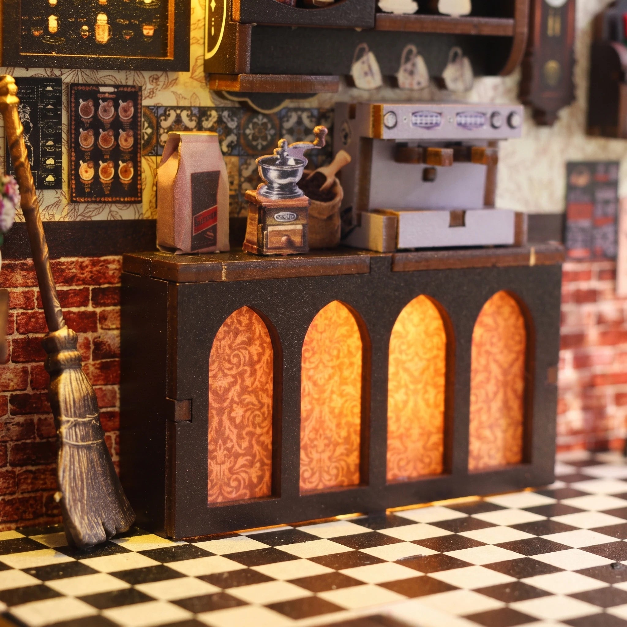 Macro of the brick espresso counter with glowing arched windows