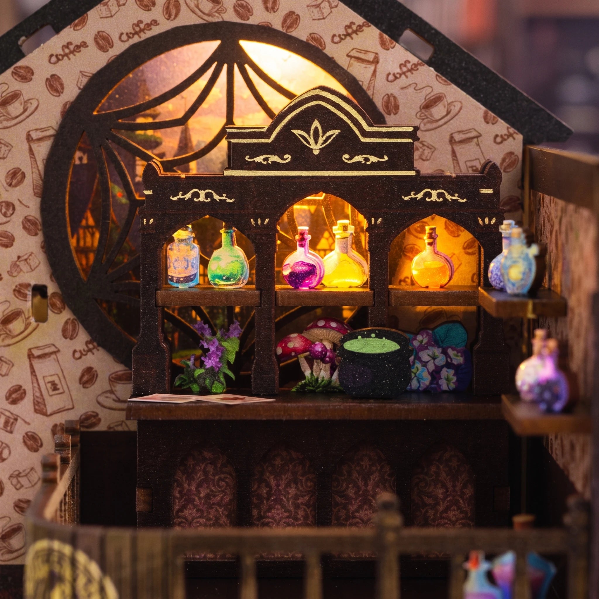 Macro of the glowing potion bottle cabinet