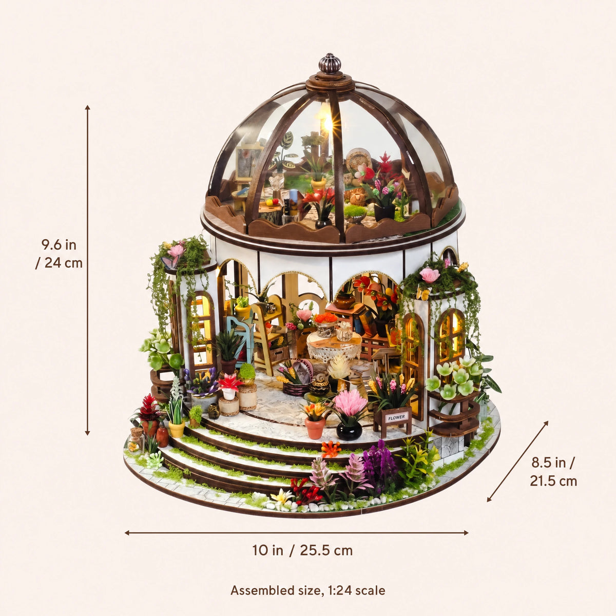 The Bloom Rotunda assembled size: 9.6 x 10 x 8.5 inches (24 x 25.5 x 21.5 cm)