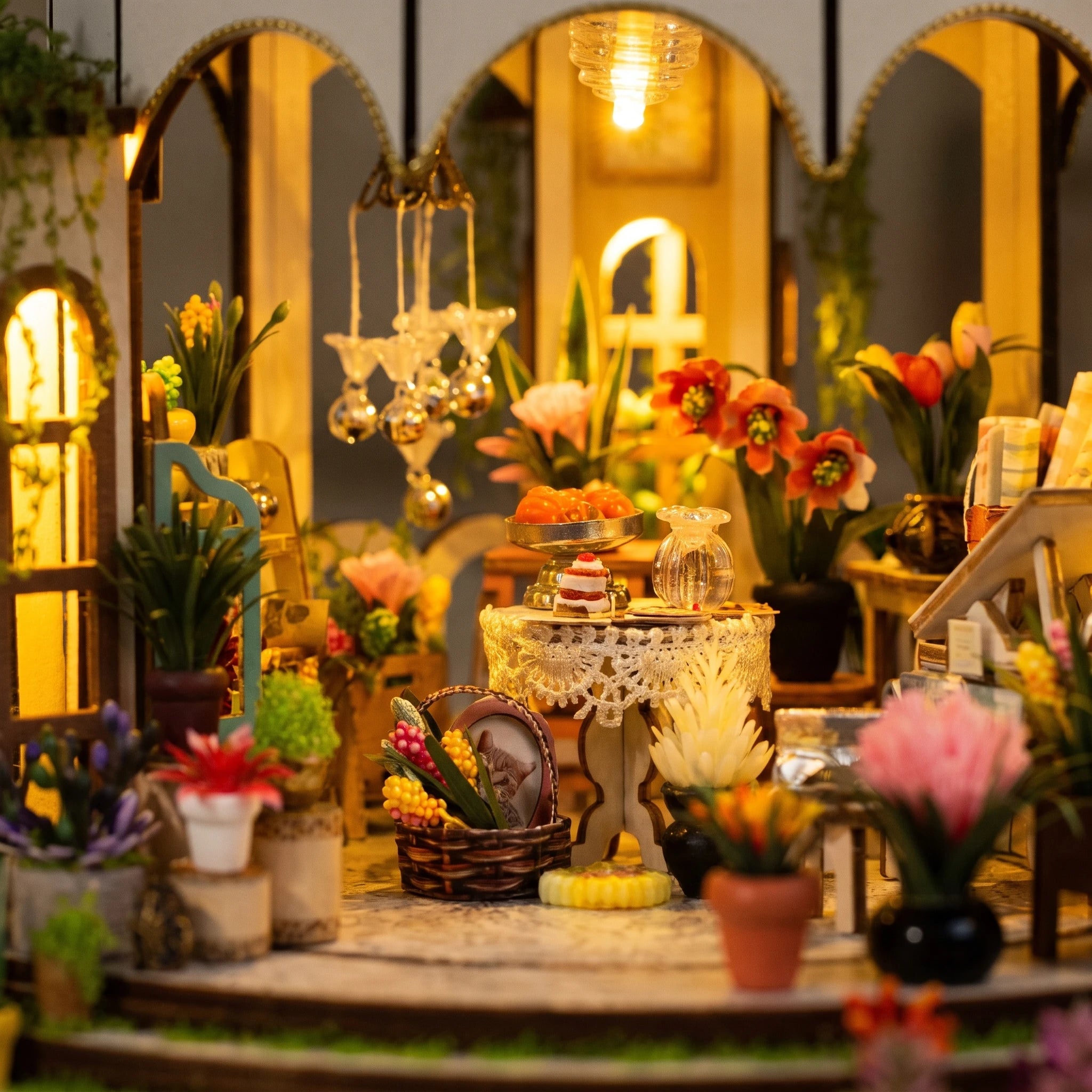 Macro of the lace covered tea table inside The Bloom Rotunda parlor