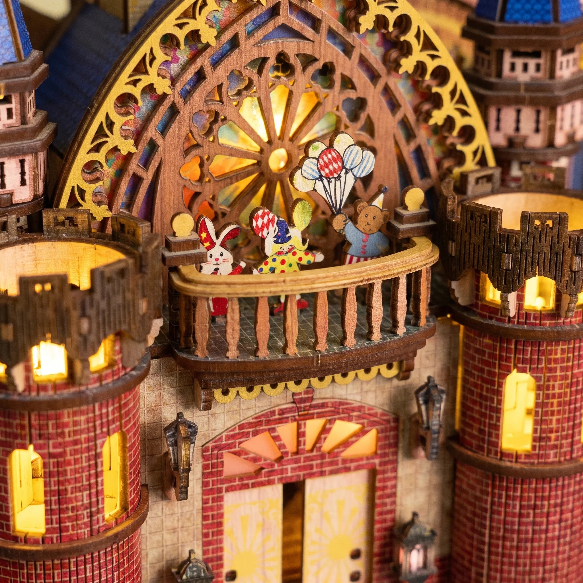 Macro of the balcony stage with rabbit, clown and teddy bear under the rose window