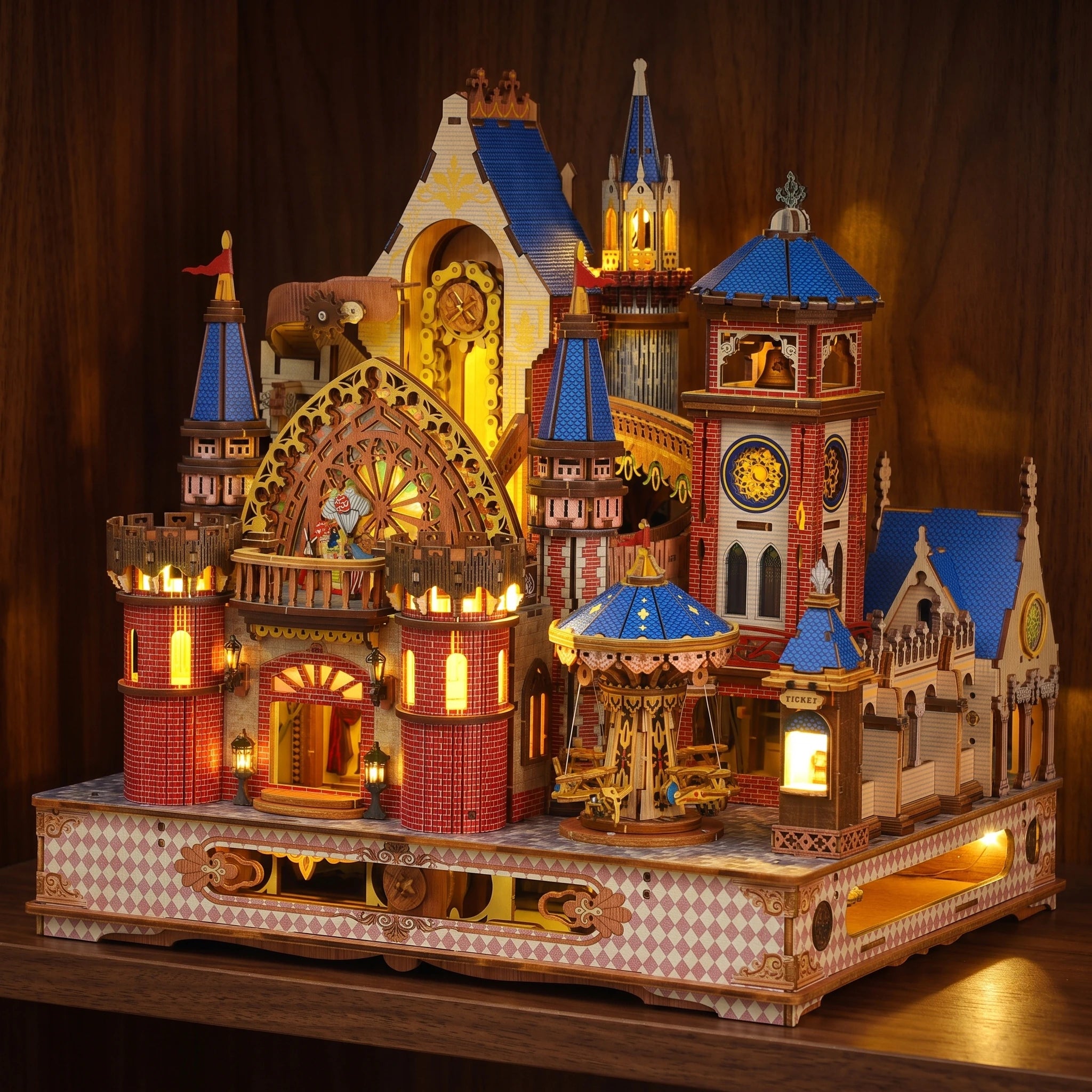 The Carousel Castle glowing on a walnut shelf at night