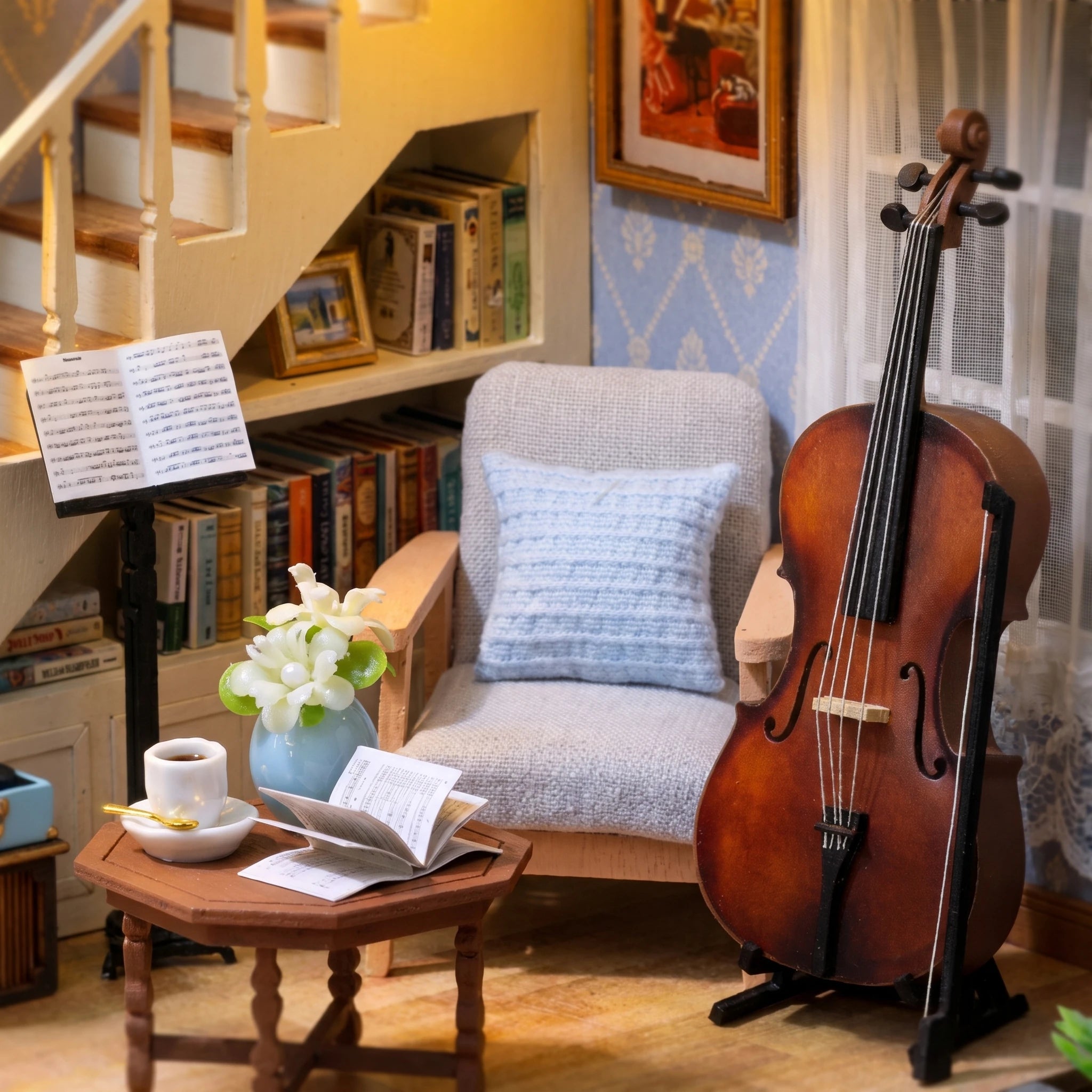 Downstairs lounge detail: cello, armchair and open songbook