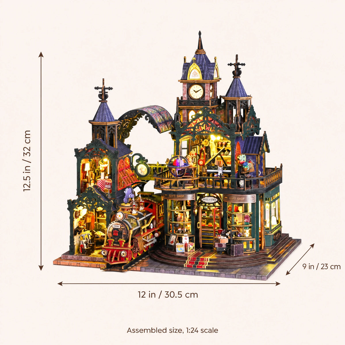 The Clocktower Emporium assembled size: 12.5 x 12 x 9 inches (32 x 30.5 x 23 cm)
