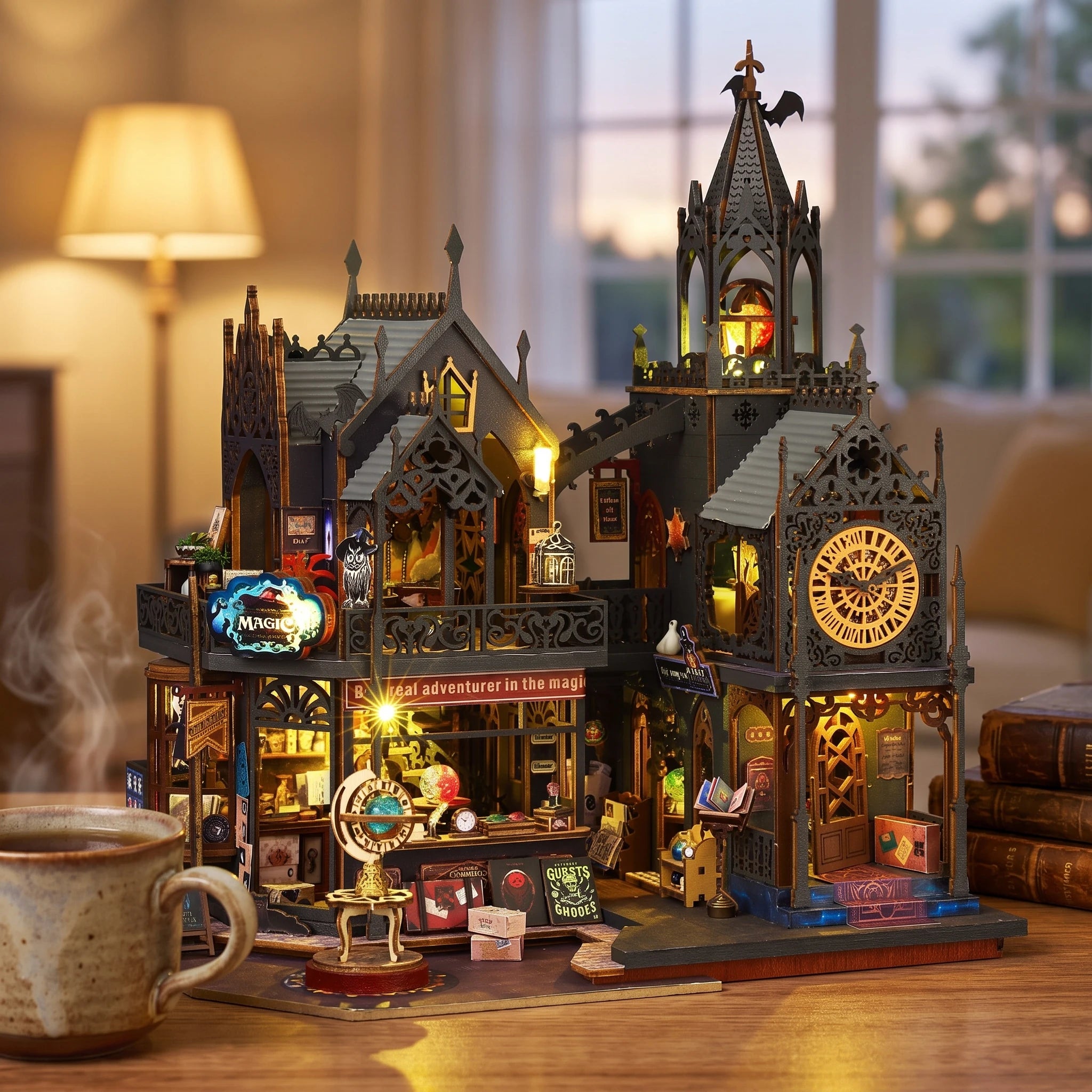 The Conjurer's Quarter on a desk at dusk beside a mug of tea