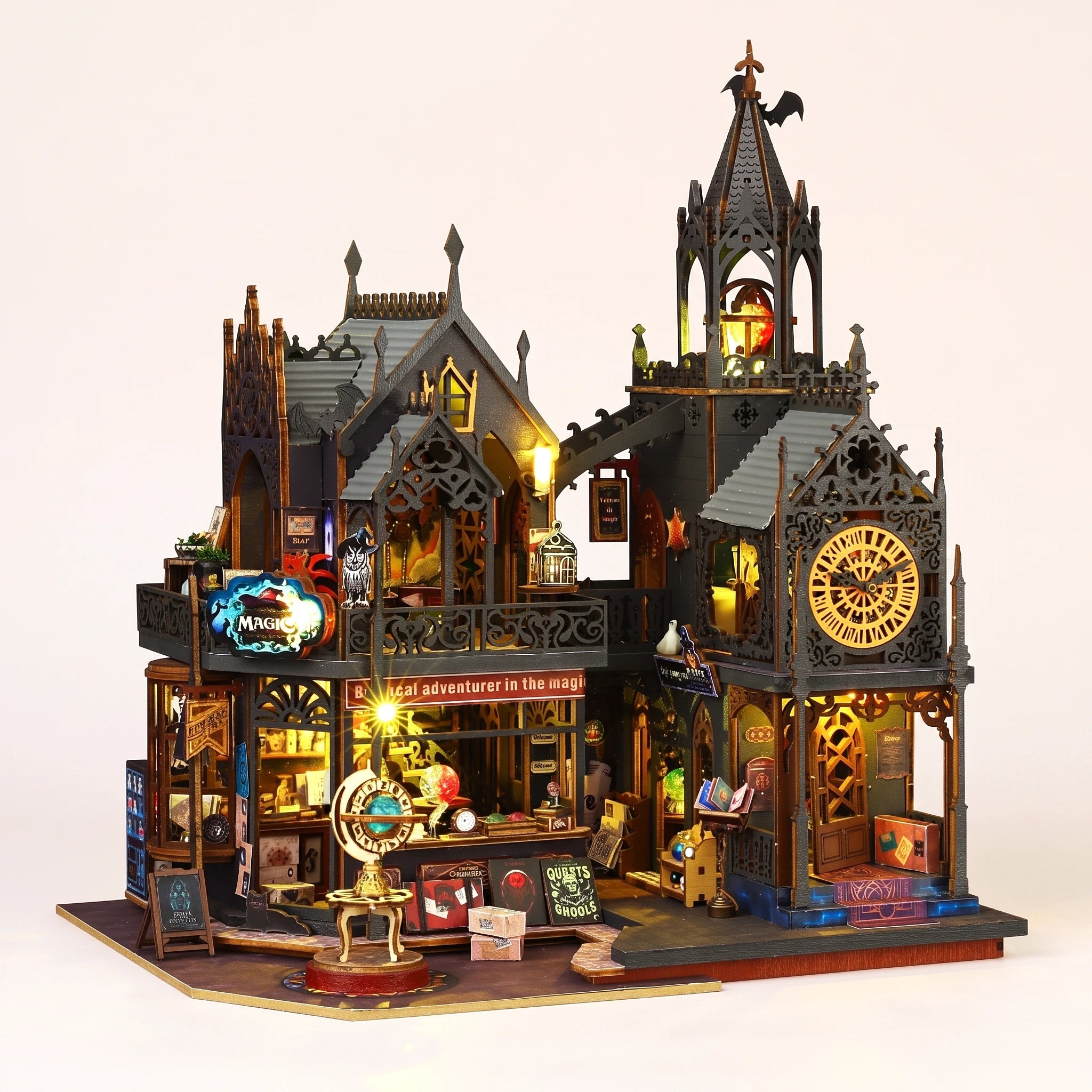 The Conjurer's Quarter DIY miniature magic shop kit, LED lights on