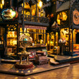 Macro of the shop entrance with globe and stacked suitcases