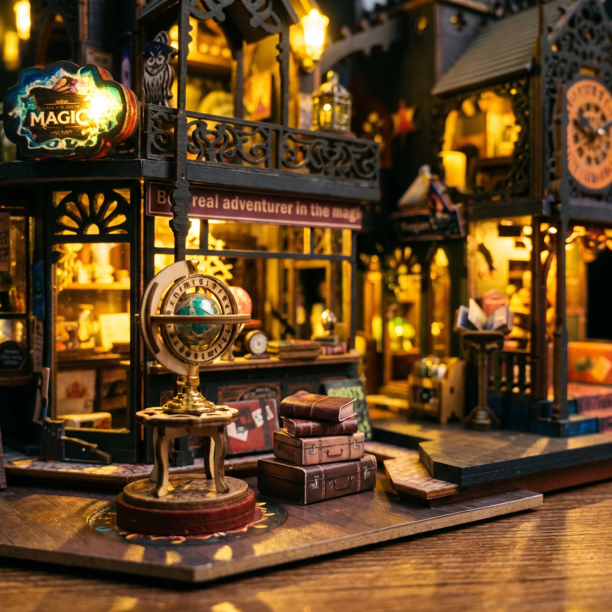Macro of the shop entrance with globe and stacked suitcases