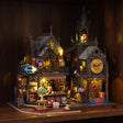 The Conjurer's Quarter glowing on a walnut shelf at night