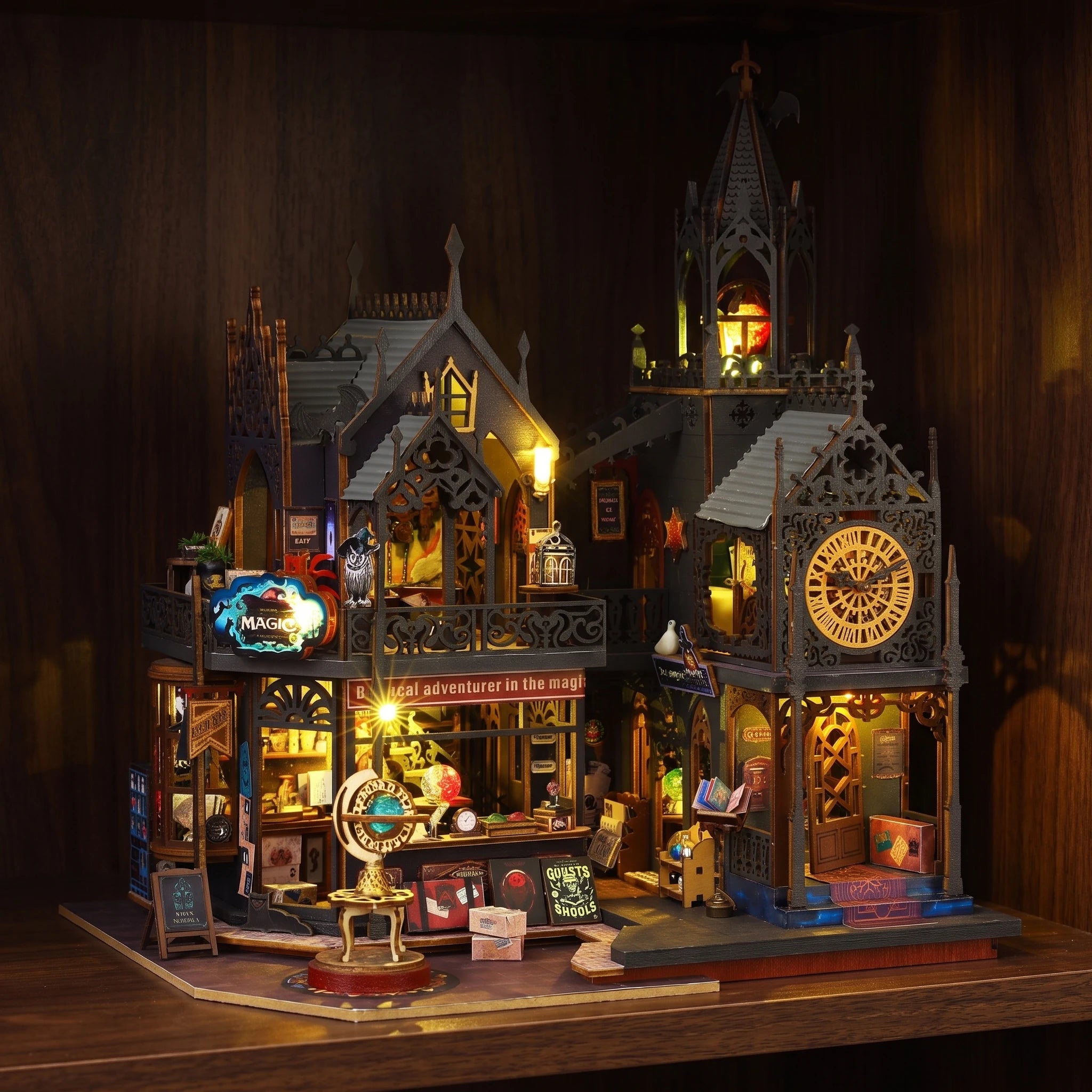 The Conjurer's Quarter glowing on a walnut shelf at night