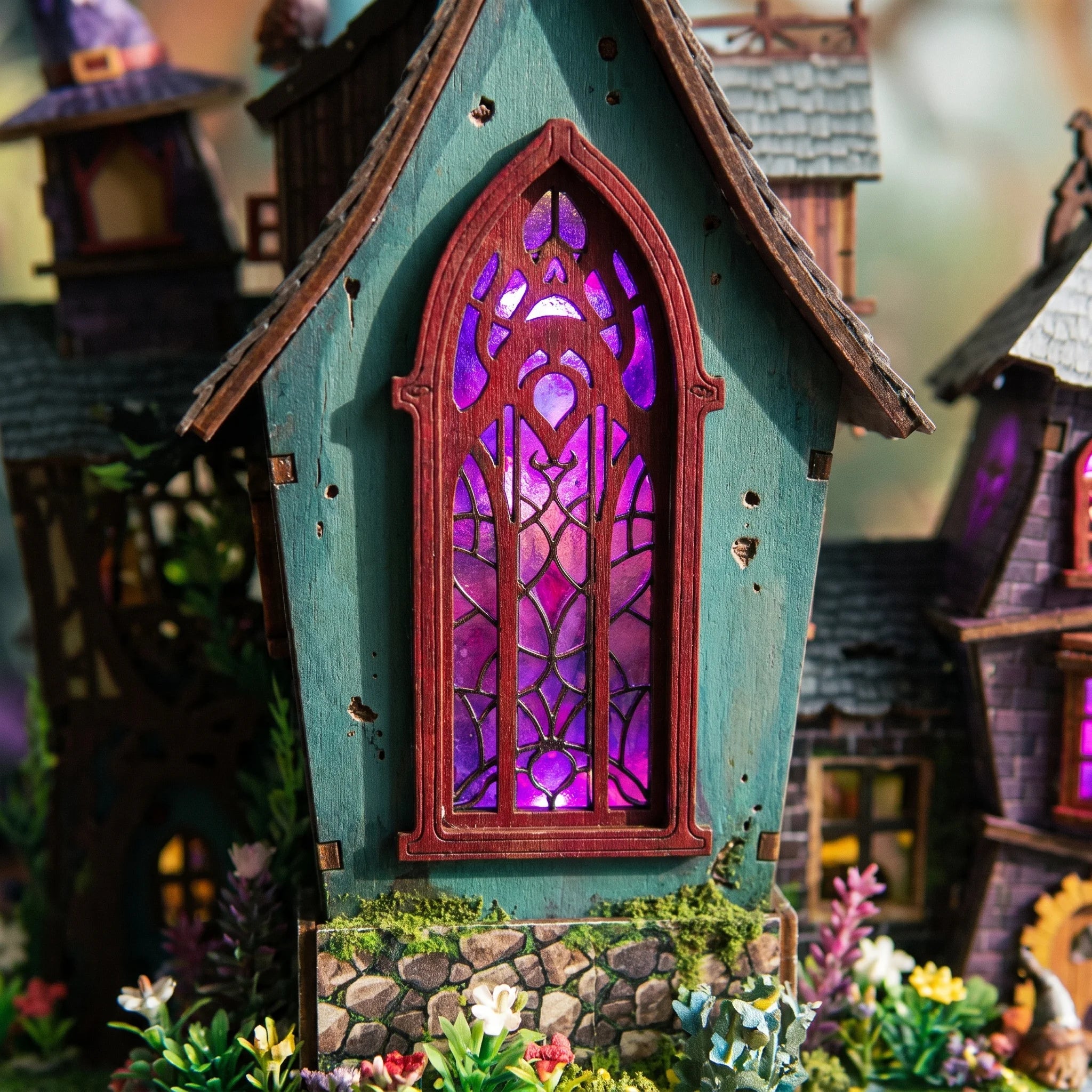 Violet stained-glass window detail of The Crooked Cauldron