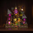 The Crooked Cauldron glowing violet on a walnut shelf at night