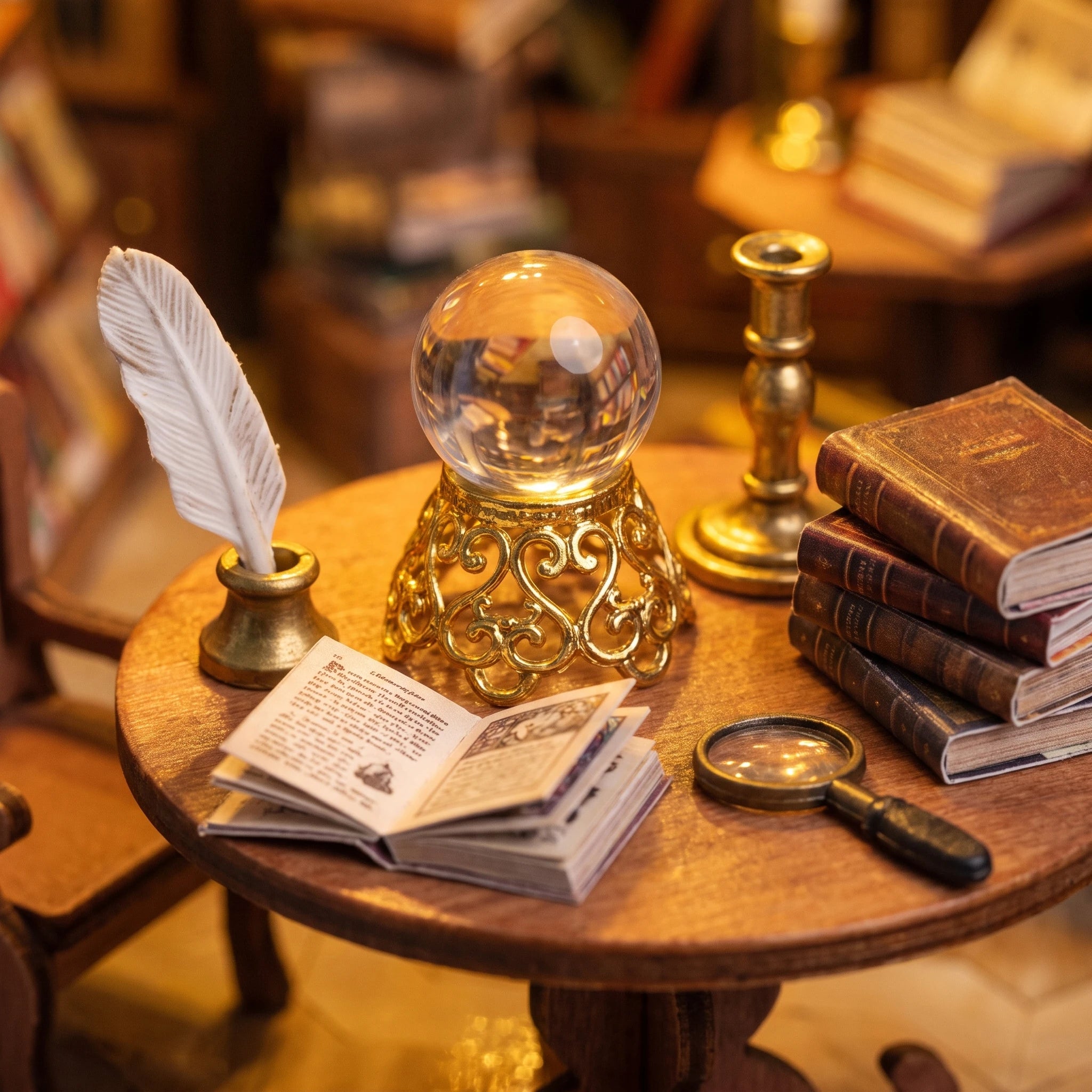 Macro of the crystal ball, quill and books on The Crystal Quill's round table