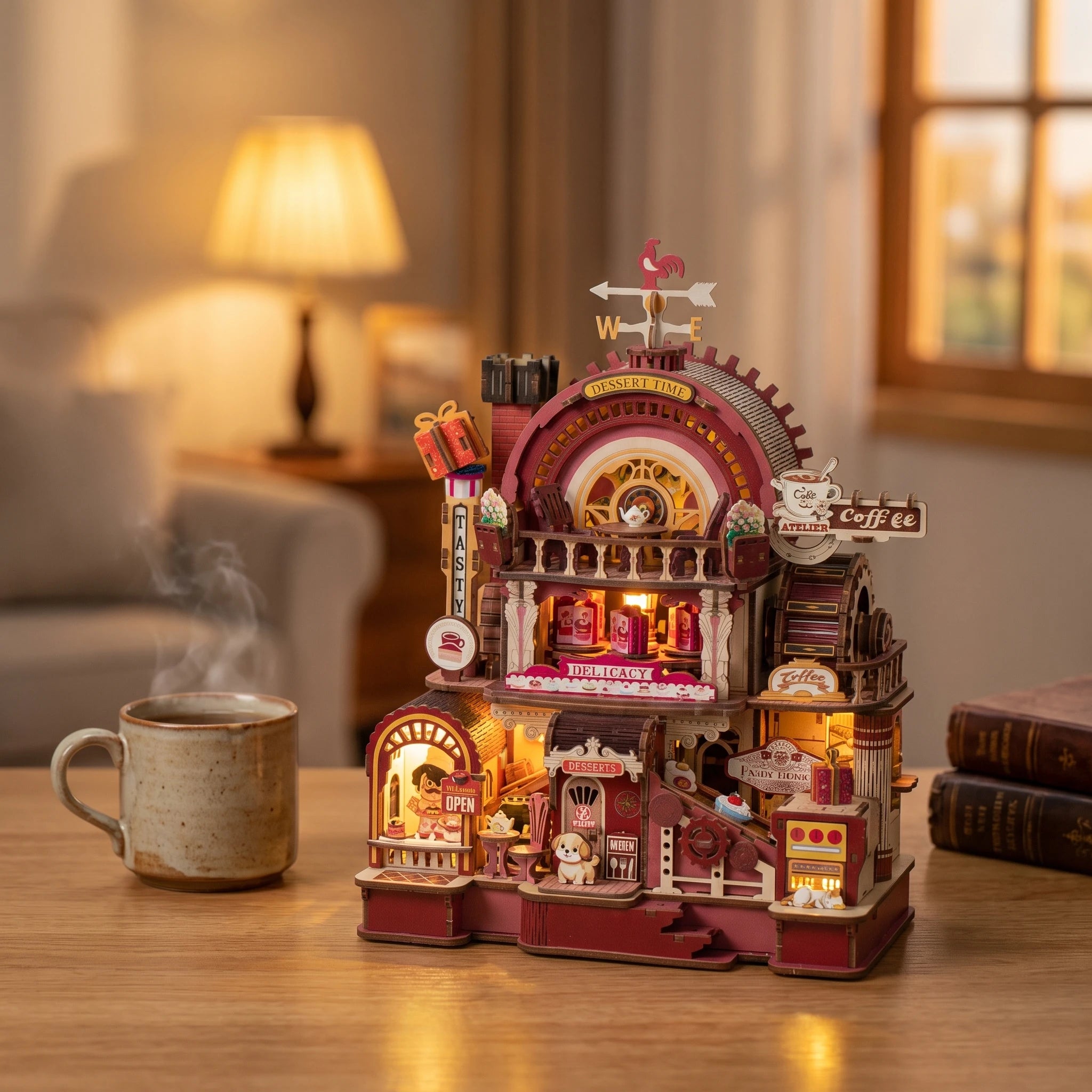 The Dessert Engine lit on a desk at dusk beside a mug of tea