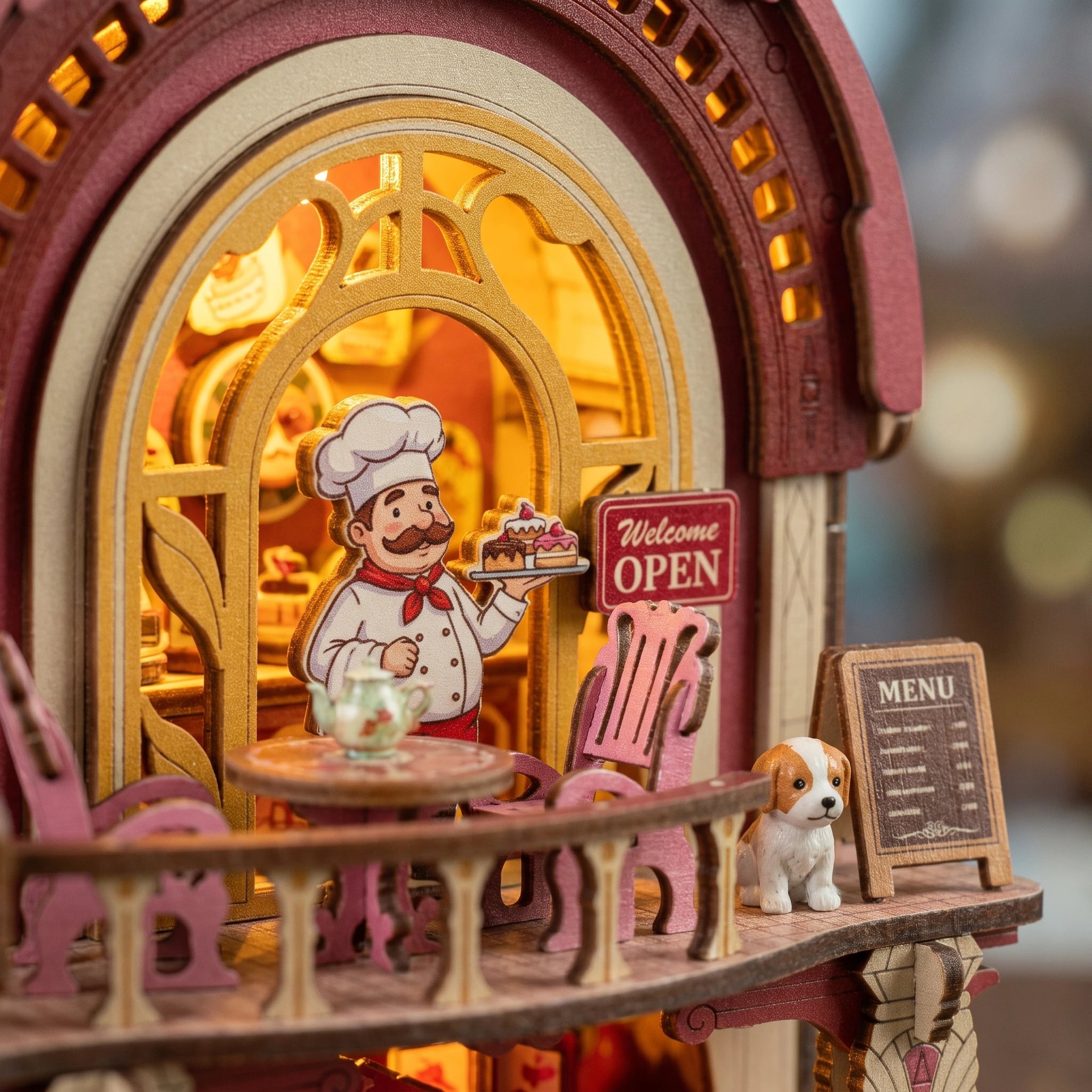 Macro of the baker in the OPEN window with the puppy by the menu board