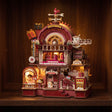 The Dessert Engine glowing on a walnut shelf at night