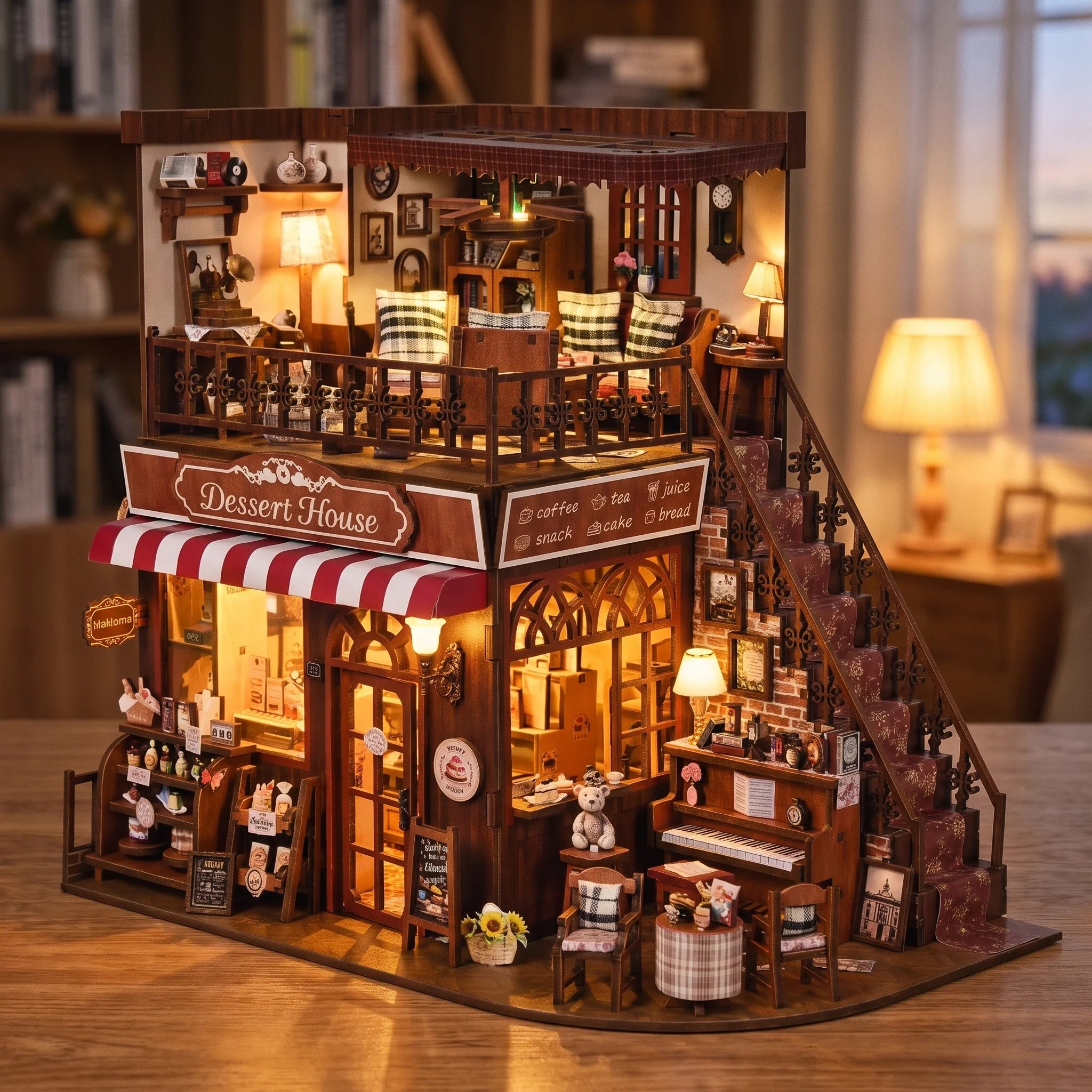 The Dessert House lit at dusk in a cozy living room