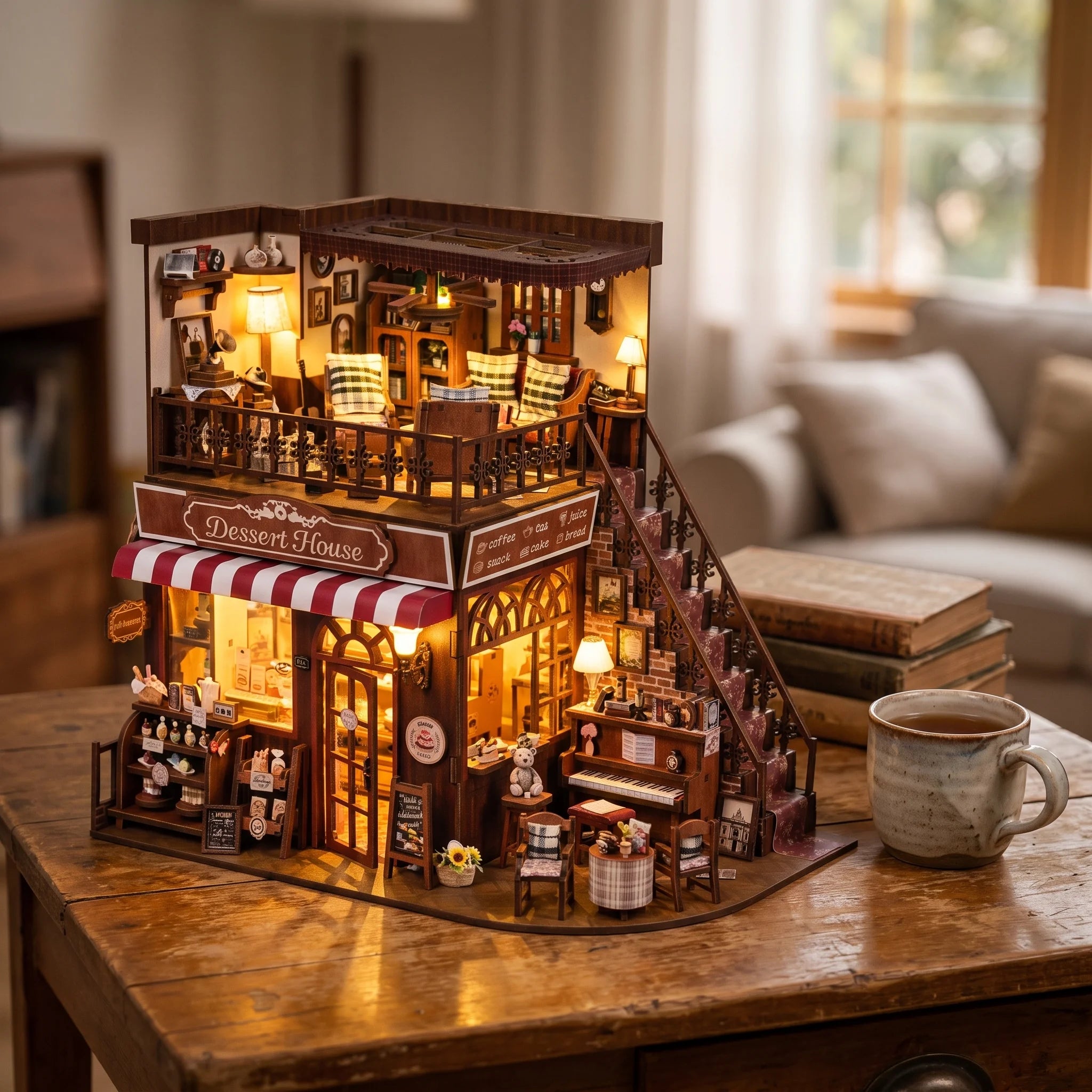 The Dessert House lit on a wooden desk at dusk beside a mug of tea and books