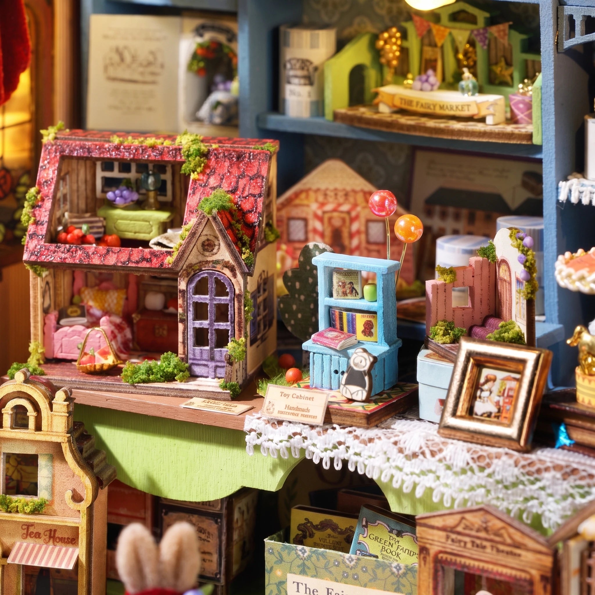 Detail of the tiny dollhouses on the shelves inside The Dollhouse Shop