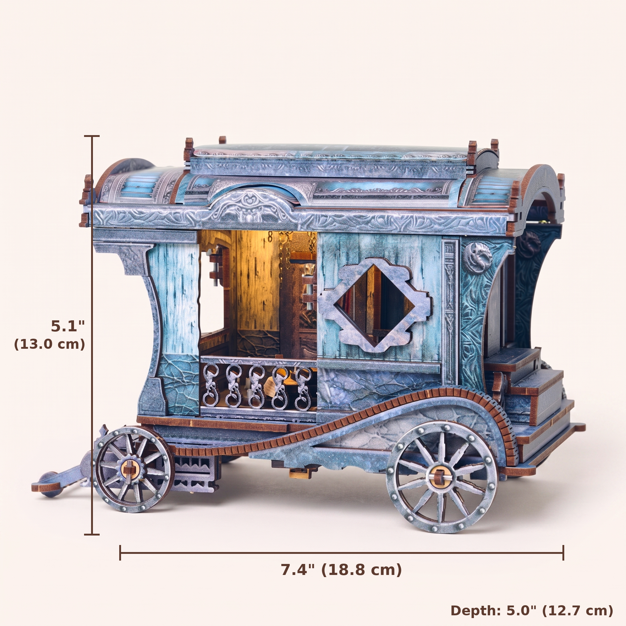 The Dragon's Carriage dimensions, 5.1 by 7.4 by 5.0 inches