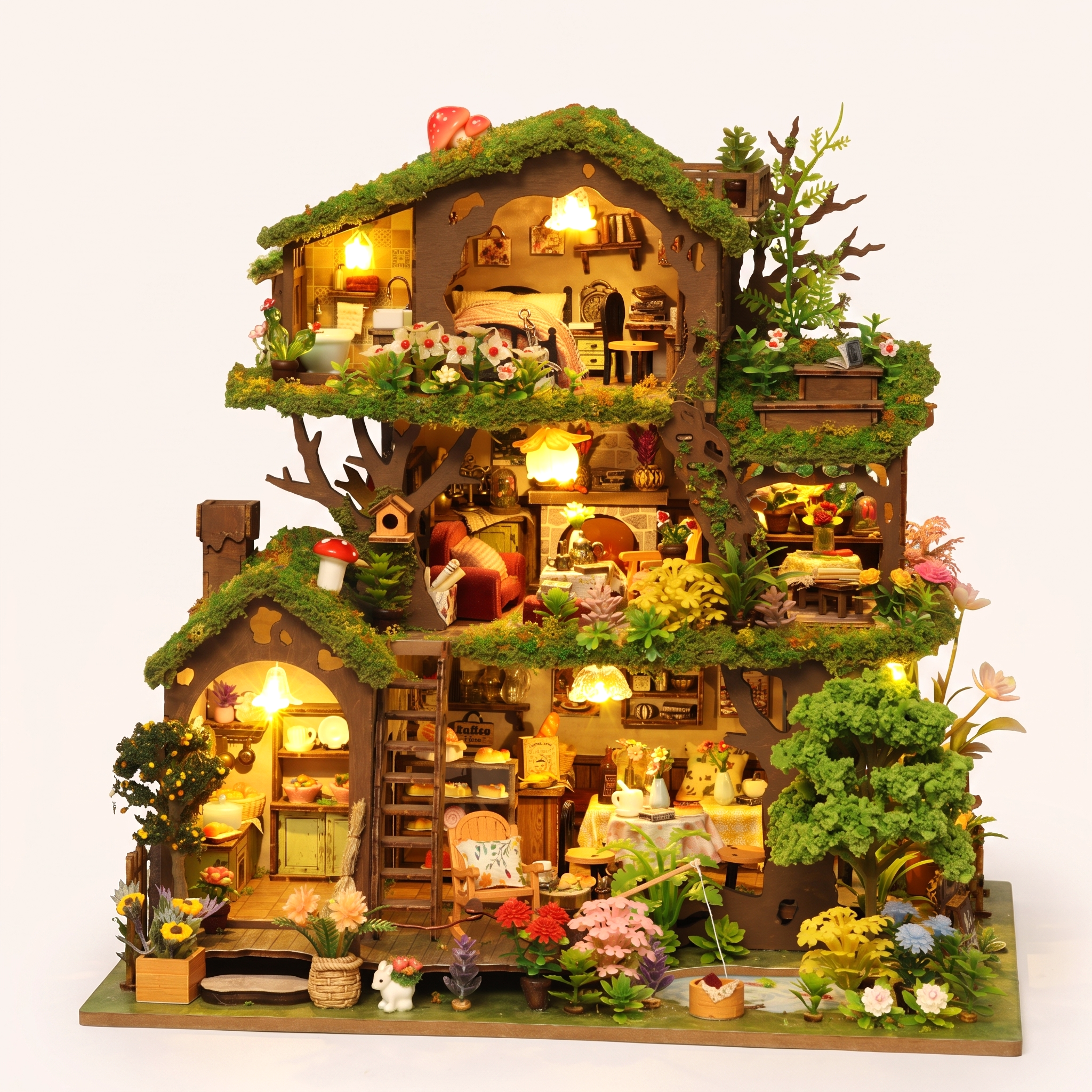 The Elderwood Treehouse DIY miniature kit with LED lights on, studio hero shot