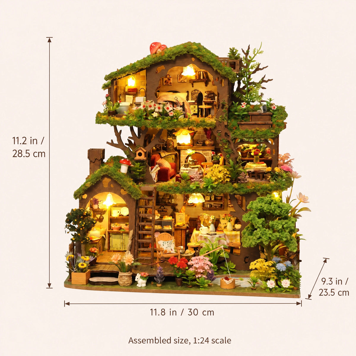 The Elderwood Treehouse assembled size: 11.2 x 11.8 x 9.3 inches (28.5 x 30 x 23.5 cm)