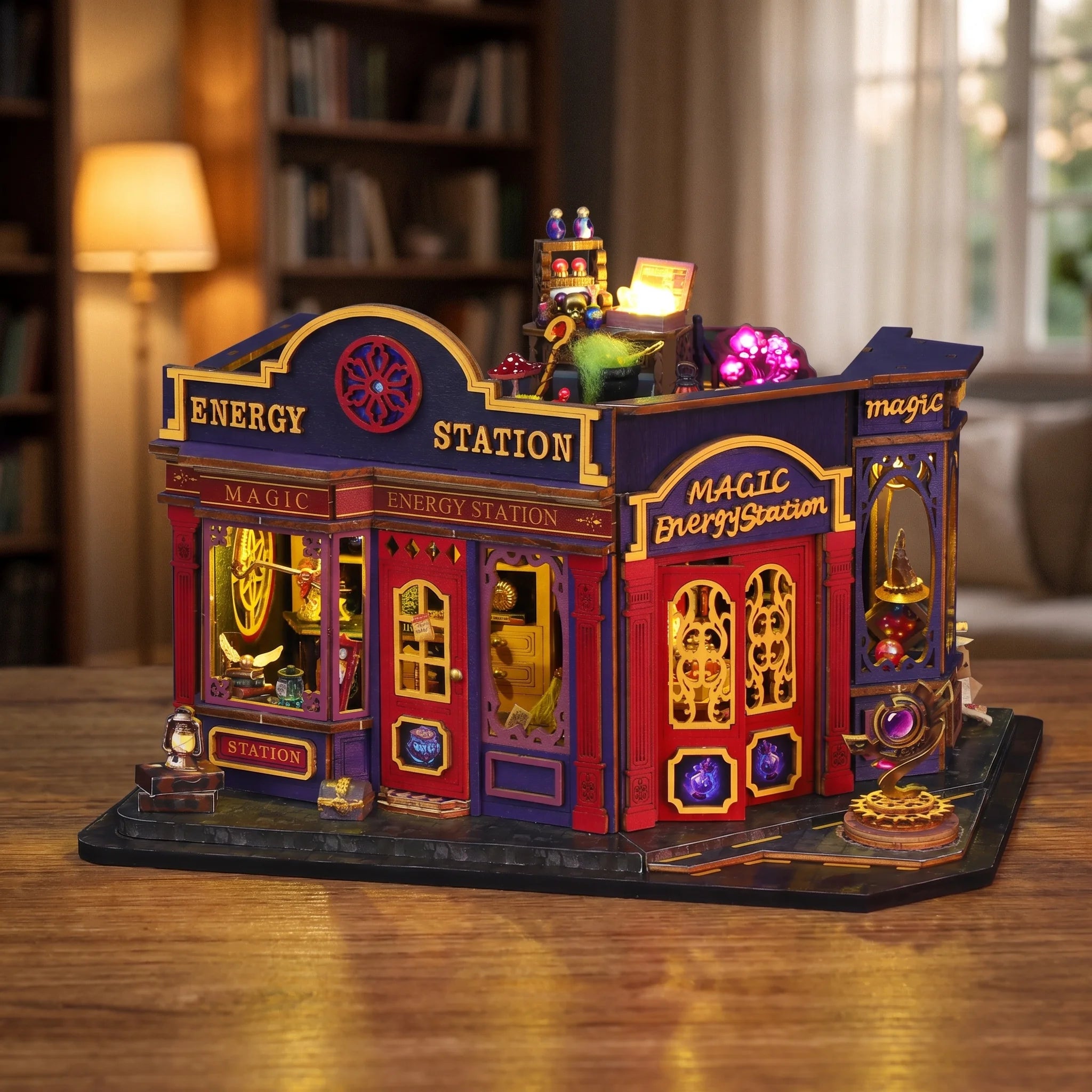 The Elixir Station miniature magic shop lit up on a wooden table at dusk