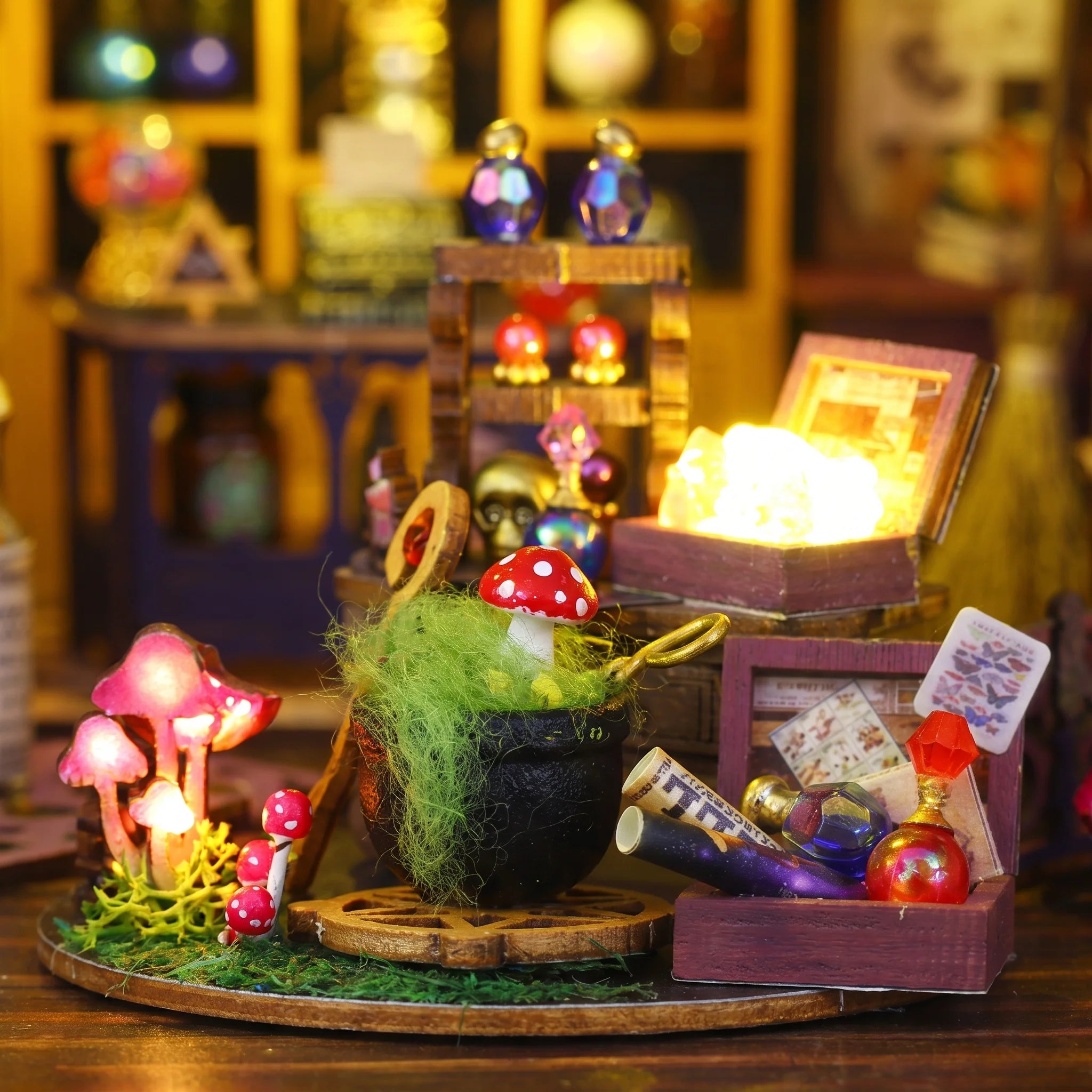 Close up of the rooftop cauldron garden with glowing mushrooms on The Elixir Station